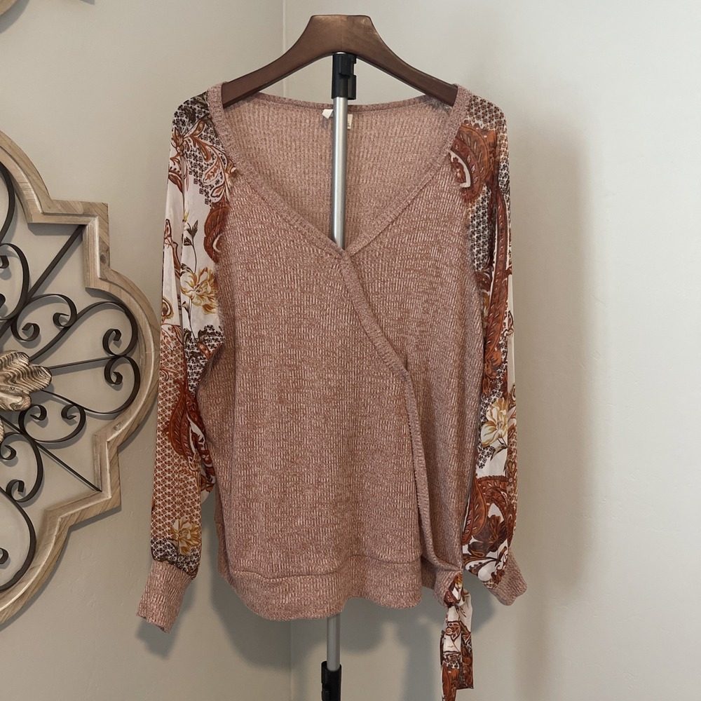 Cato Tunic Sweater Boho Paisley Brown Cinnamon Sheer Long Sleeve XL